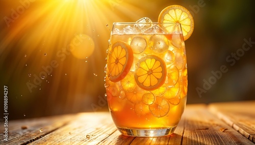 A refreshing cola drink with ice and lemon slices, bathed in warm sunlight.