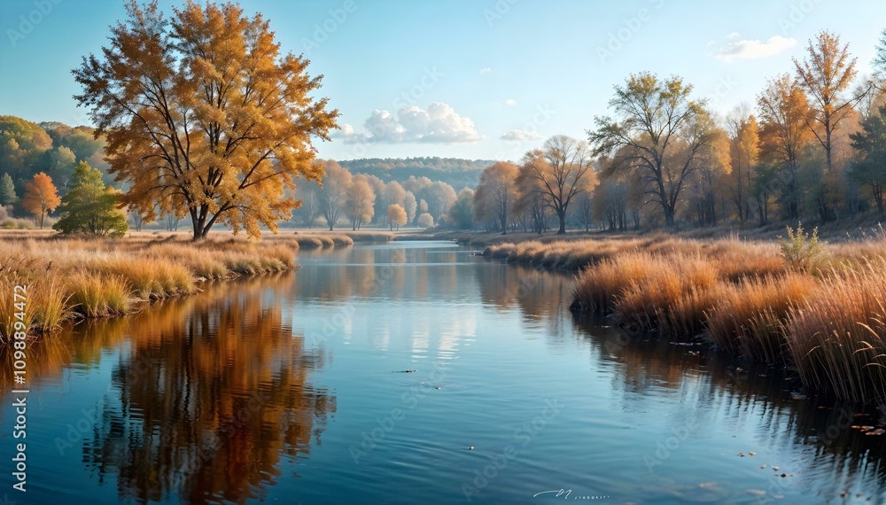 Obraz premium Autumn landscape with the image of the river and autumn trees.