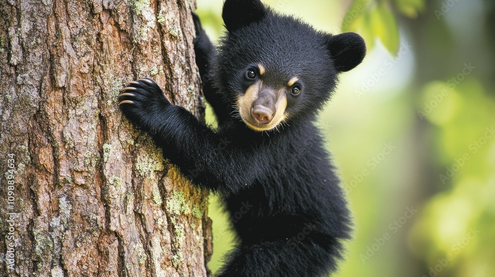 Obraz premium Curious black bear cub climbing a textured tree trunk in a vibrant forest, showing its inquisitive nature and playful demeanor.