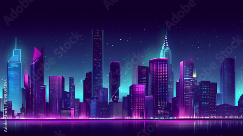 Sci-fi city skyline with purple and cyan neon lights. night scene with futuristic architecture. Sci-fi. Illustration