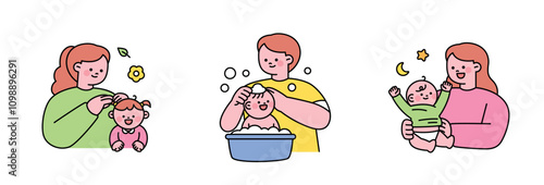 Cute baby and parents. Dad and Mom are washing, dressing, and tying the baby's hair.