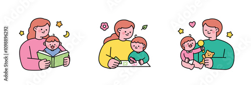 Cute baby and parents. Dad and mom are reading books to their baby and drawing pictures together, having a great time.