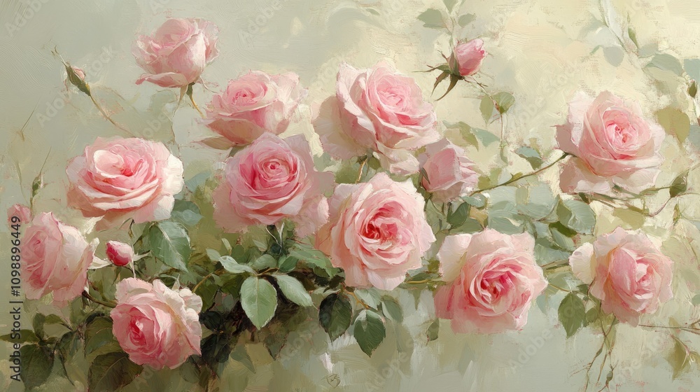 Obraz premium Soft, elegant pink roses arranged in a floral bouquet, set against a gentle pastel background, evoking feelings of calm, beauty, and serenity