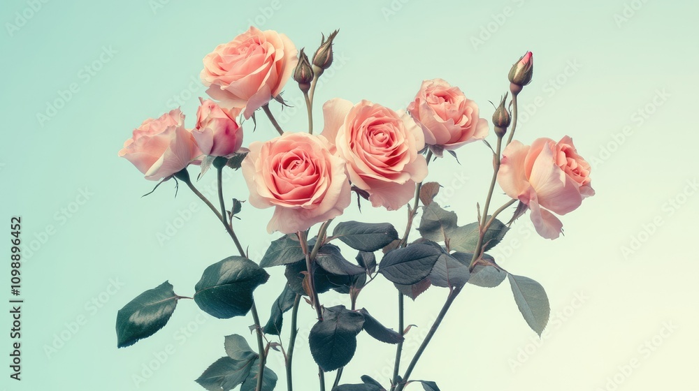 Fototapeta premium Soft, elegant pink roses arranged in a floral bouquet, set against a gentle pastel background, evoking feelings of calm, beauty, and serenity