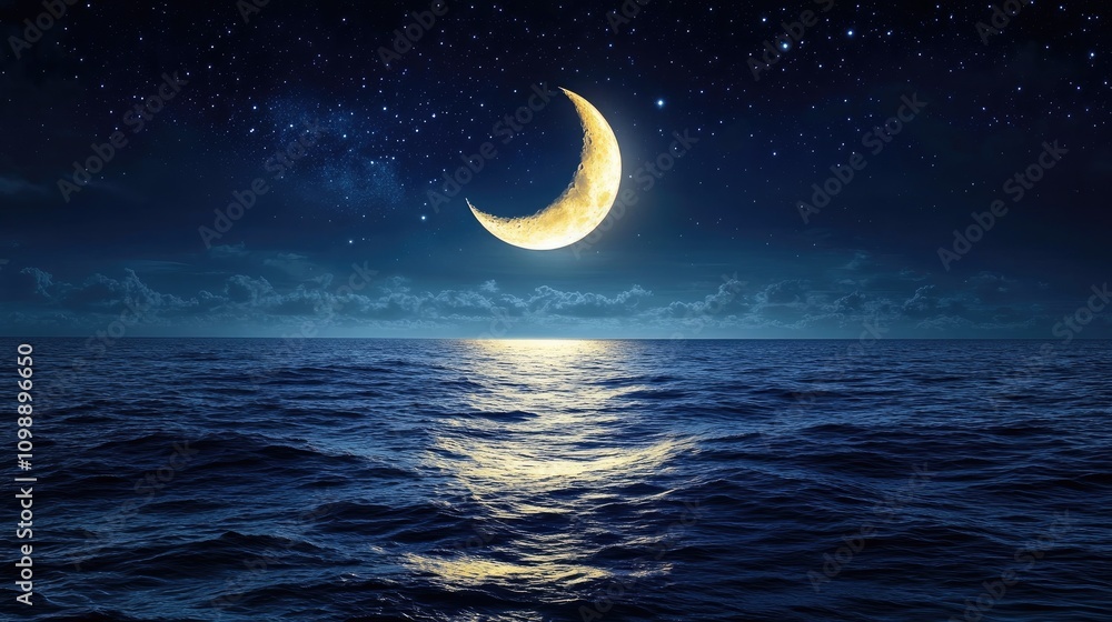 Naklejka premium Crescent moon glowing softly over tranquil ocean waves with twinkling stars above during twilight hours