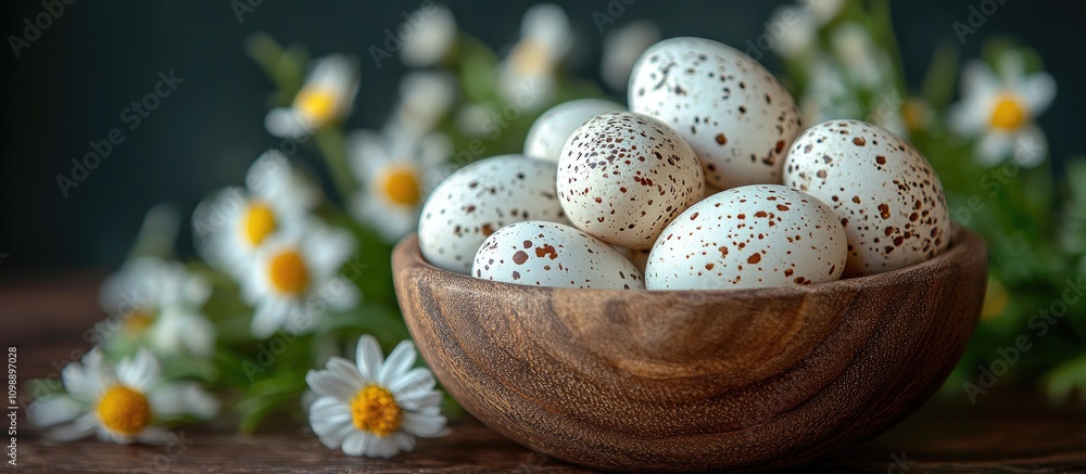 Obraz premium Quail eggs nestled in a wooden bowl surrounded by fresh spring flowers for festive seasonal decoration