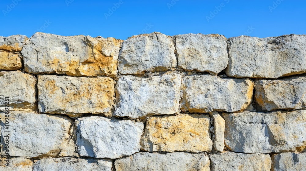 Obraz premium Weathered stone wall of ancient fortress ruins, with cracked, eroded textures and natural wear, against a clear blue sky, evoking a sense of history and age