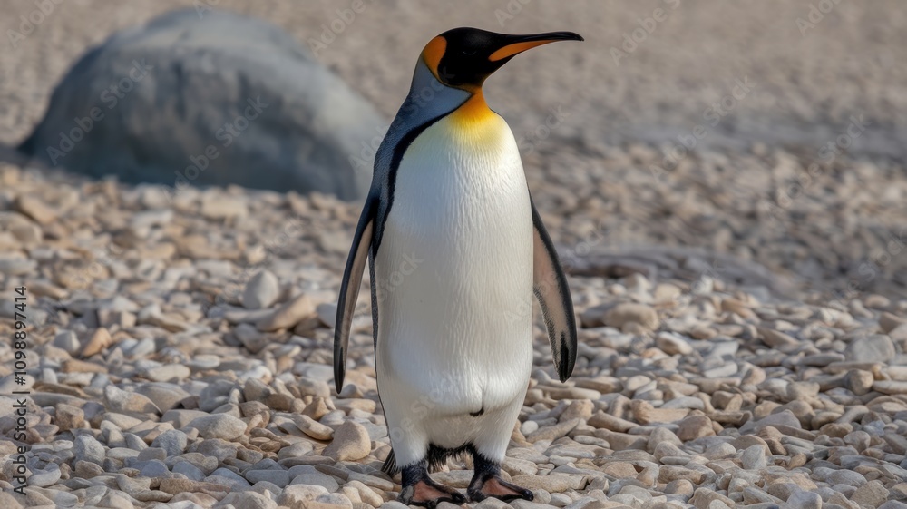 Fototapeta premium King penguin standing on a rocky beach in the wild.