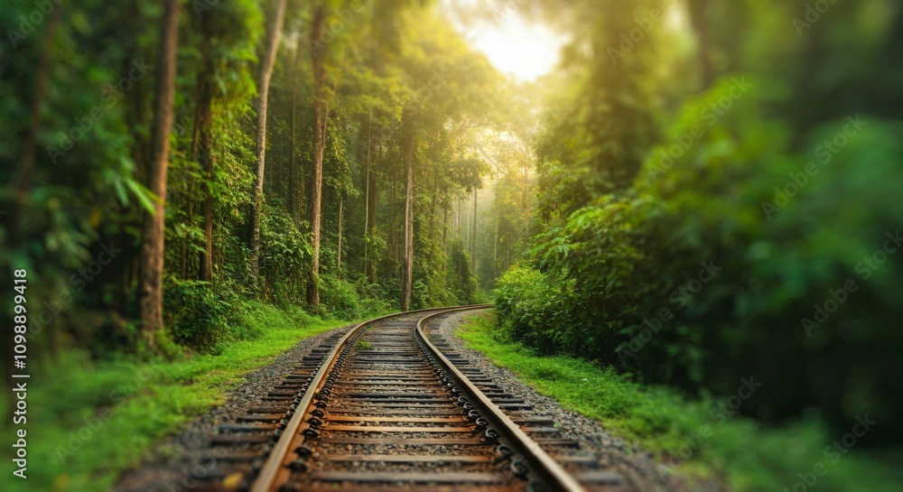 Obraz premium Scenic railway track winding through a lush green forest