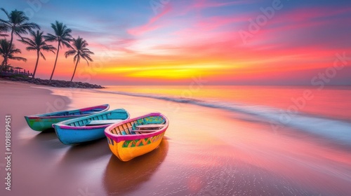 A serene Goan beach at sunrise with colorful fishing boats, swaying palm trees, and golden reflections, celebrating the freedom and heritage of Goa on Goa Liberation Day.