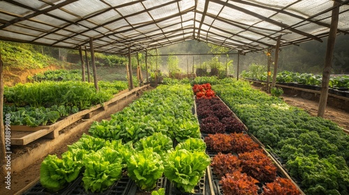 A controlled vegetable farming setup, showing vegetables thriving in a carefully managed microclimate photo