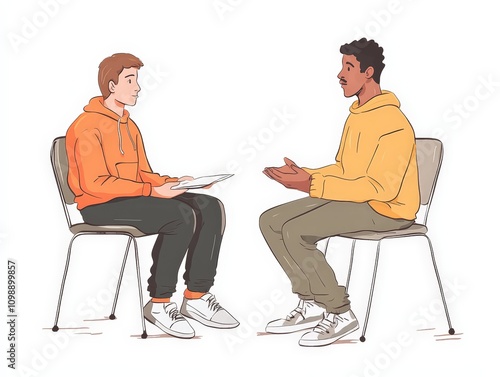 A counselor guiding a prisoner through a drug rehabilitation program, sitting across from each other, isolated on a white background photo