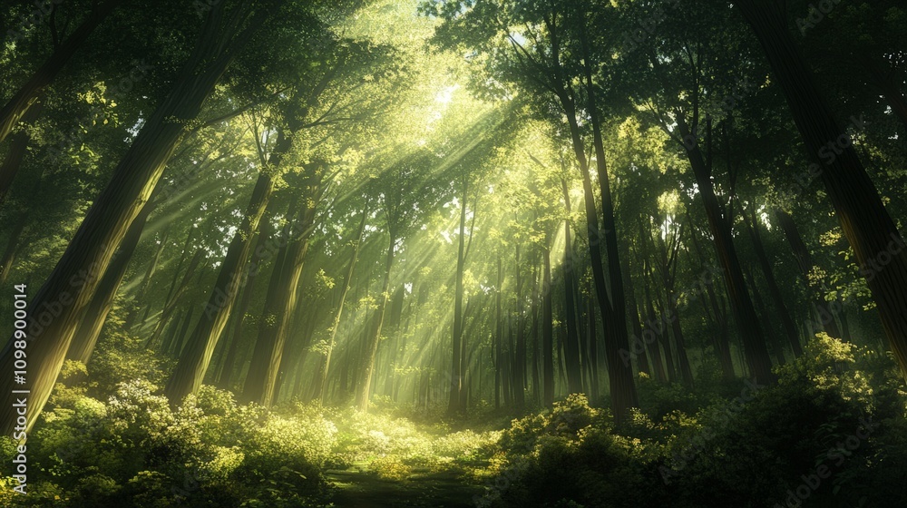 Obraz premium A dense forest filled with towering trees, sunlight filtering through the thick canopy