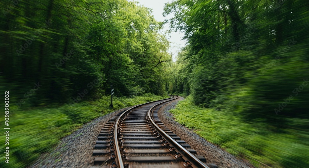 Fototapeta premium Scenic railway track winding through a lush green forest