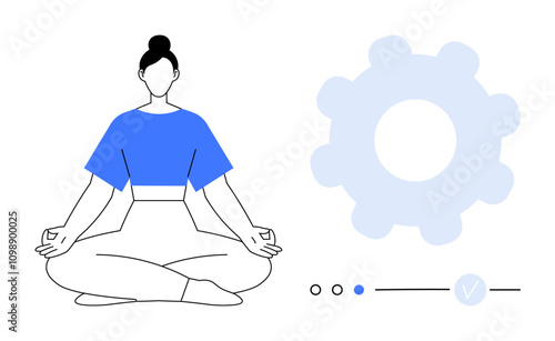 Woman in a blue top meditating in lotus pose beside a light blue gear. Ideal for meditation apps, productivity tools, wellness, fitness, mental health, stress relief, balance. Line metaphor