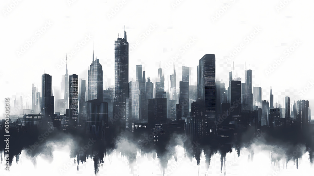 Fototapeta premium Futuristic dystopian cityscape surrounded by tall buildings isolated on transparent background. Sci-fi. Illustration