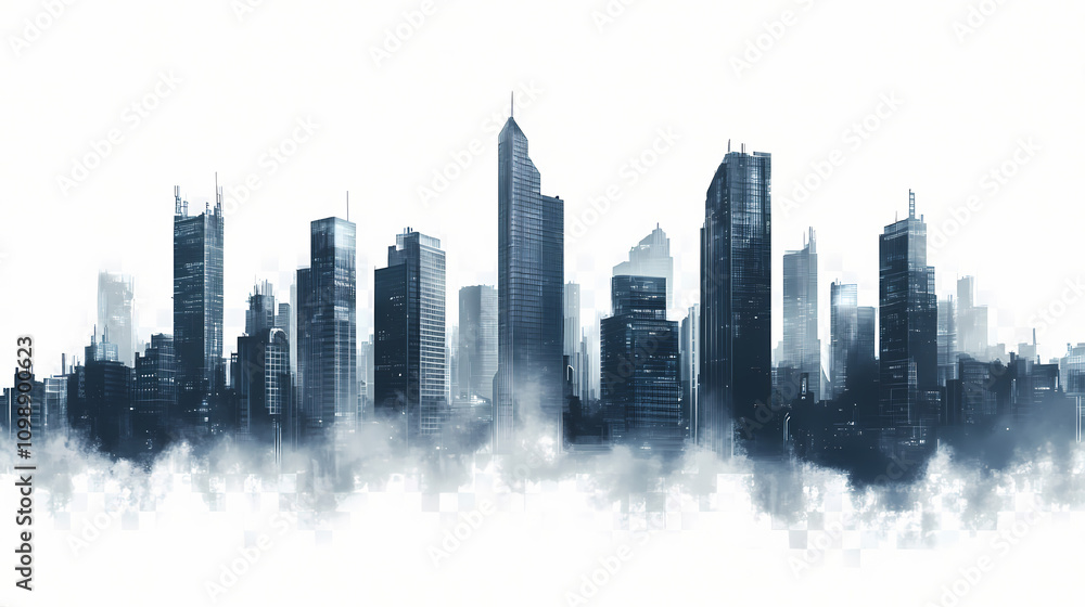 Fototapeta premium Futuristic dystopian cityscape surrounded by tall buildings isolated on transparent background. Sci-fi. Illustration