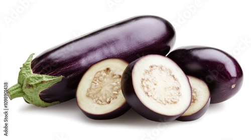 Fresh purple eggplants, one whole and two sliced, showcasing smooth skin and creamy interior, highlighting the nutritious edible fruit of the nightshade family. photo