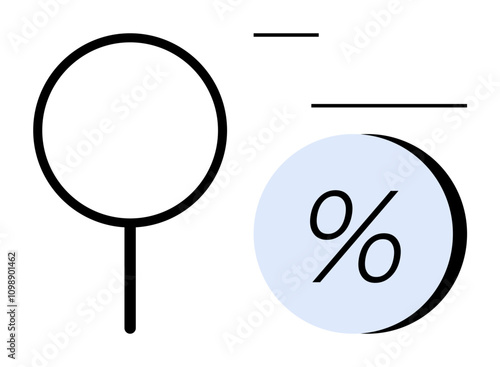 Magnifying glass and percentage symbol in simple, clean lines. Ideal for themes like data analysis, statistics, business growth, market research, performance metrics, educational materials photo