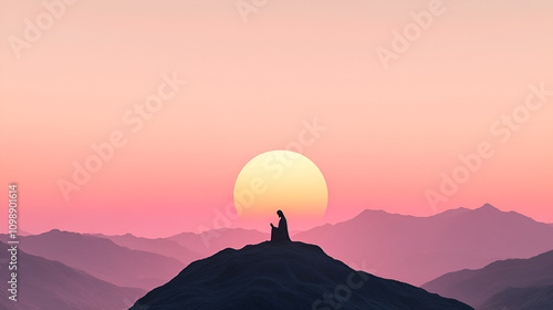 Minimalist Jesus Silhouette Against Gradient Sunset, Simplicity and Peace, Biblical Illustration, Beige Background, copyspace photo