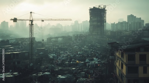 A dynamic shot of a city undergoing urban development, with construction cranes and new buildings rising above an area with homeless encampments photo