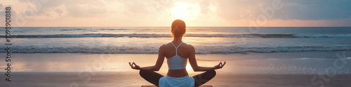 Asian woman practicing yoga poses on beach, overlooking ocean, in peaceful meditation.