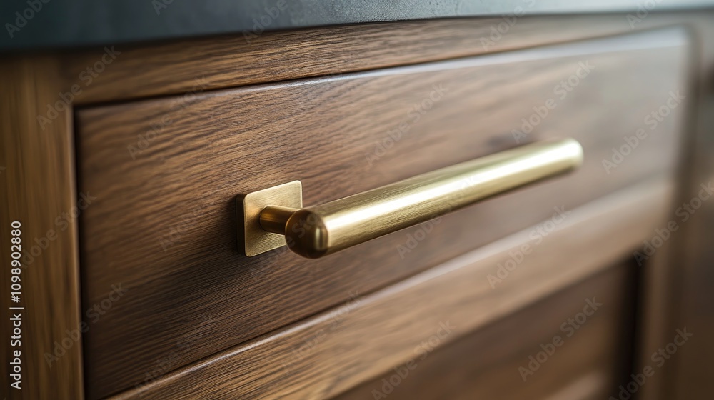 Obraz premium Close-up of a vintage wooden cabinet with a sleek brass handle highlighting rich grain textures and elegant furniture design elements.