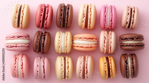 Wallpaper Mural Colorful French macarons in pastel shades arranged neatly on a soft pink background, showcasing a delightful variety of textures and flavors in a flat lay style. Torontodigital.ca