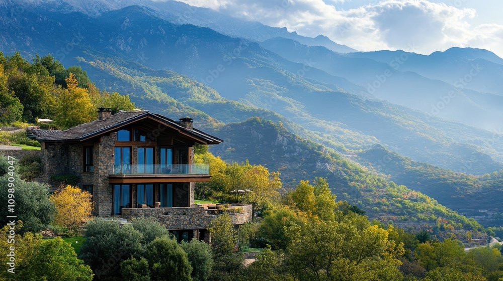 Fototapeta premium Luxurious mountain villa featuring contemporary design surrounded by lush greenery and majestic peaks under a dynamic sky.