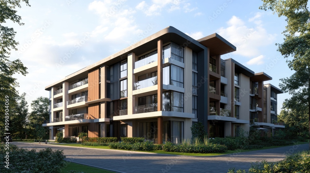 Fototapeta premium Modern apartment building featuring sleek design and extensive glass windows, surrounded by landscaped greenery and a wide driveway.