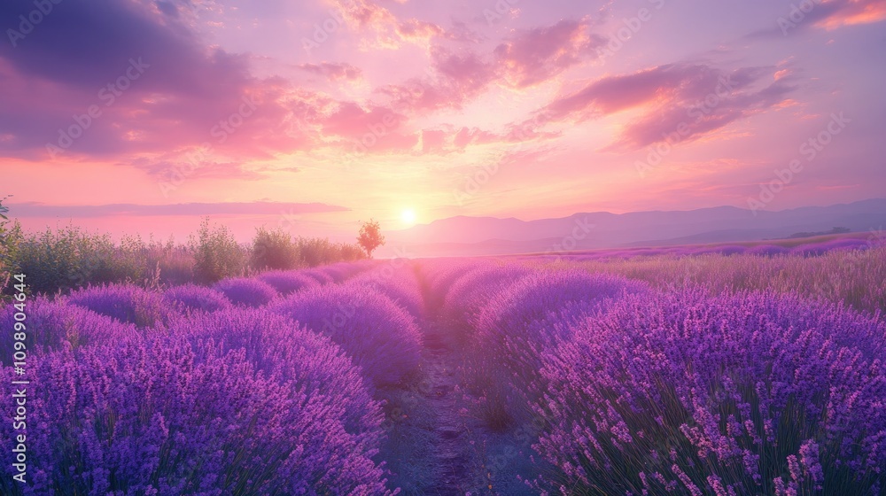 Obraz premium Lavender Fields Beneath a Dreamy Purple and Pink Sunset with Fluffy Clouds Highlighting a Serene Landscape
