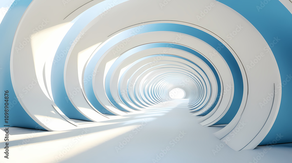 Fototapeta premium A futuristic tunnel with concentric blue and white rings creates a 3d effect, ideal for digital art and sci-fi projects. Sci-fi. Illustration