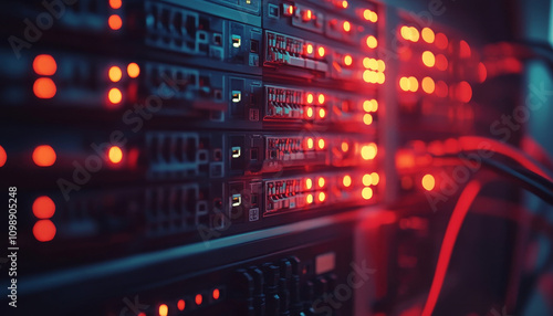 close up of fiber optic patch panel in network setup, showcasing illuminated ports and cables. vibrant red lights create dynamic and high tech atmosphere