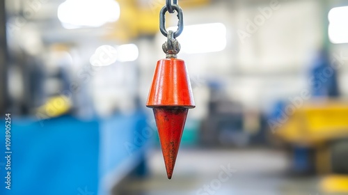 Red plumb bob hanging from chain in industrial setting photo