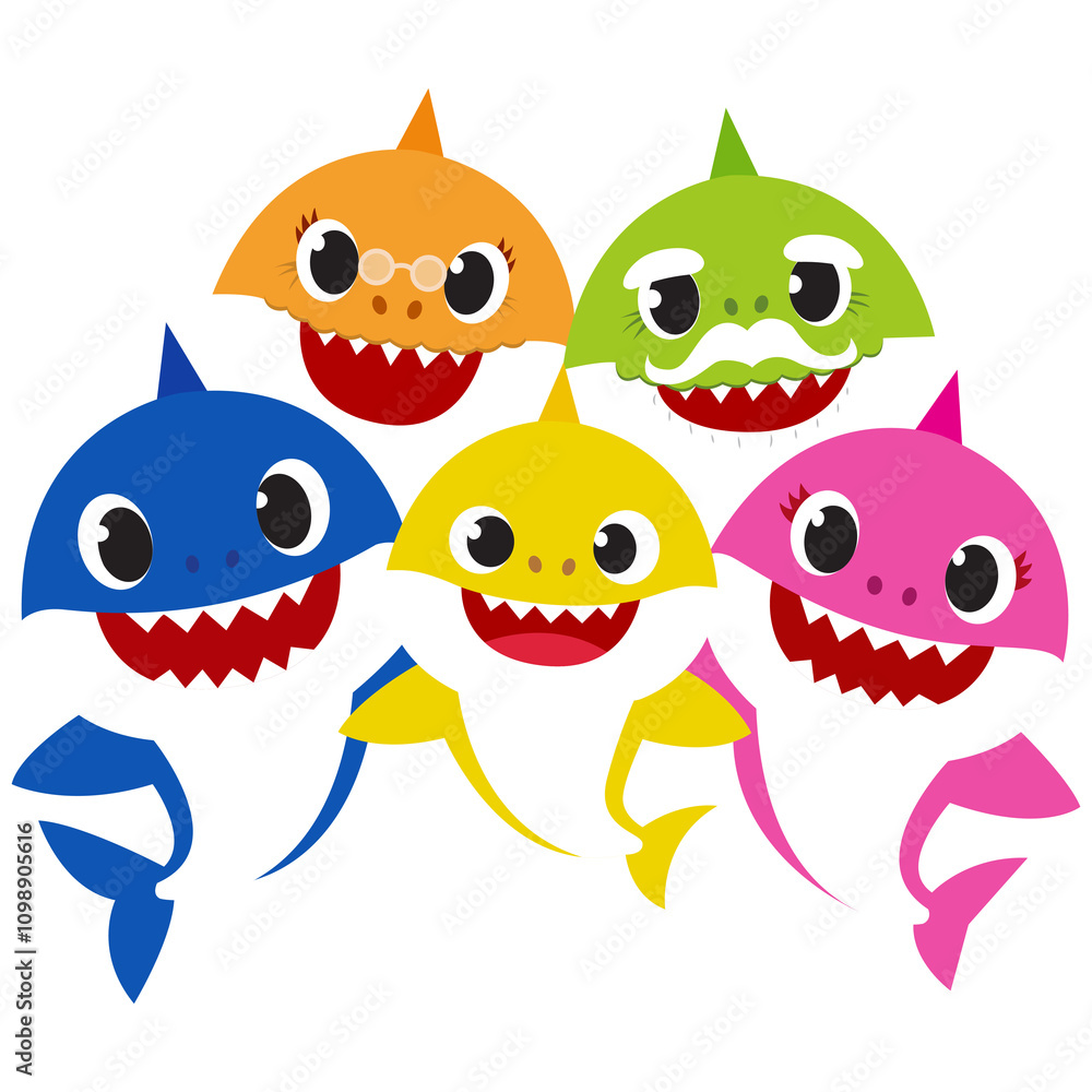 Fototapeta premium group of five shark illustration with smile and color rainbow