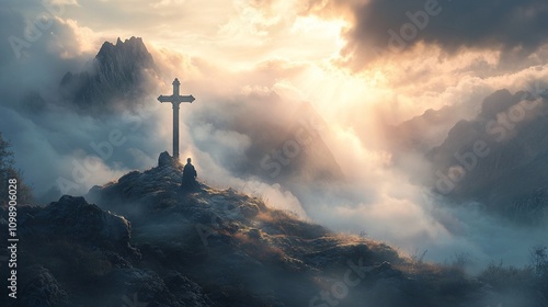 Wallpaper Mural Person praying at a cross atop a mountain shrouded in mist during sunrise. Torontodigital.ca
