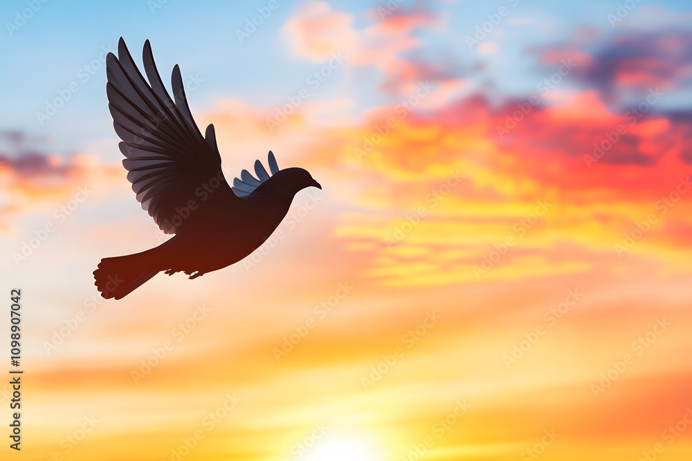 Obraz premium Soaring bird silhouette against a warm sunset sky, open space with copyspace for message. World Freedom Day. 