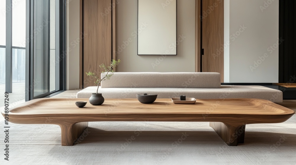Fototapeta premium Modern living room with a sleek wooden coffee table, minimalist decor, and a serene atmosphere, perfect for displaying home accessories and stylish settings.