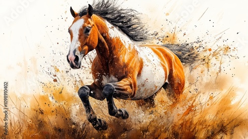 A Majestic Paint Horse Leaps Through Golden Grass photo