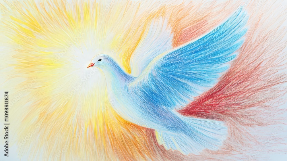 Obraz premium Kindergarten artwork shows a side view of the Holy Spirit as a dove glowing in golden light. The diffused light and the soft blue and white gradient background emphasize the purity of the sacred.