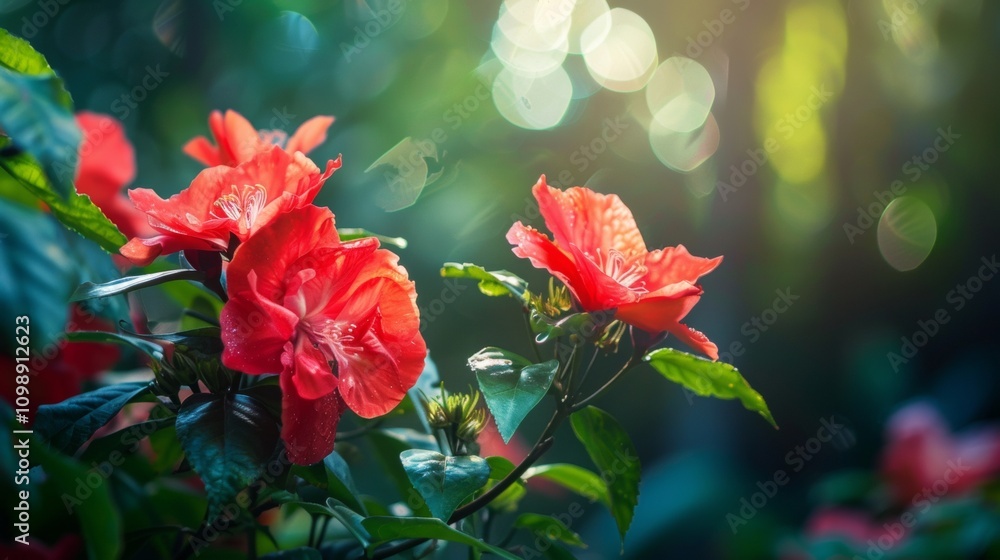 Obraz premium Close-up of vibrant red flowers in a lush green garden