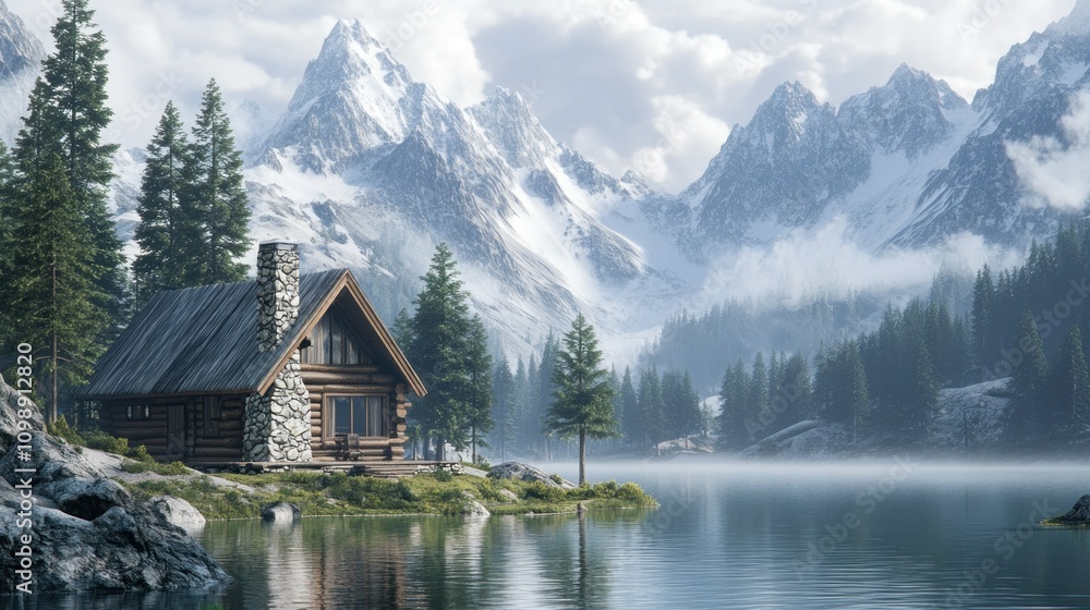 Obraz premium Beautiful landscape of A rustic log cabin with a stone chimney