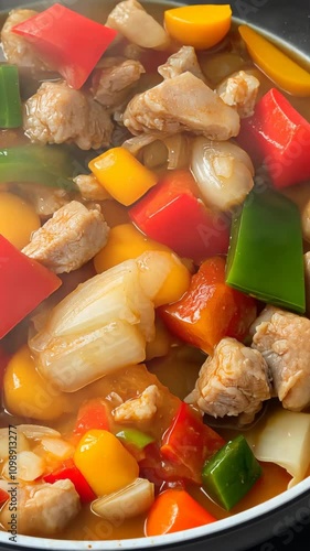 Colorful stir-fried vegetables and meat cooked in a pan during a vibrant dinner preparation