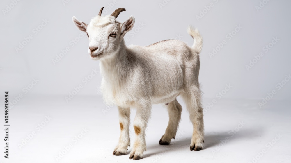 Fototapeta premium Young white goat standing on a plain background.