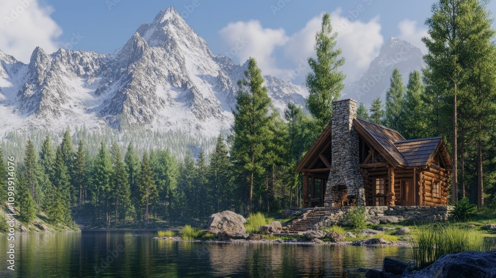 Obraz premium Beautiful landscape of A rustic log cabin with a stone chimney