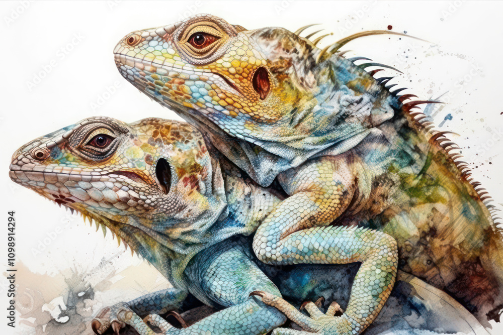 Obraz premium two iguanas located on top of each other. Their scales are bright and colorful, with patterns of green, blue, yellow and brown. Iguanas look realistic, with detailed eyes and skin texture. 