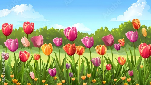 A cartoon illustration of colorful tulips blooming in a field.