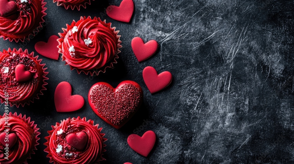 Close-up of red heart-shaped cupcakes adorned with love motifs and decorative hearts, set against a dark textured background. Close-up of red heart-shaped cupcakes adorned with love motifs and decorative hearts, set against a dark textured background.