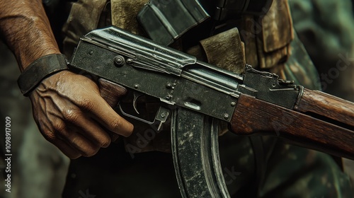 Mercenary soldier gripping an AK-74 rifle with detailed focus on the hand and weapon's features in a rugged, tactical environment. photo