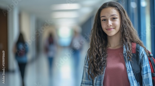 Wallpaper Mural High school girl with long curly hair smiling confidently in a hallway as she heads to class, wearing a plaid shirt and carrying a backpack. Torontodigital.ca